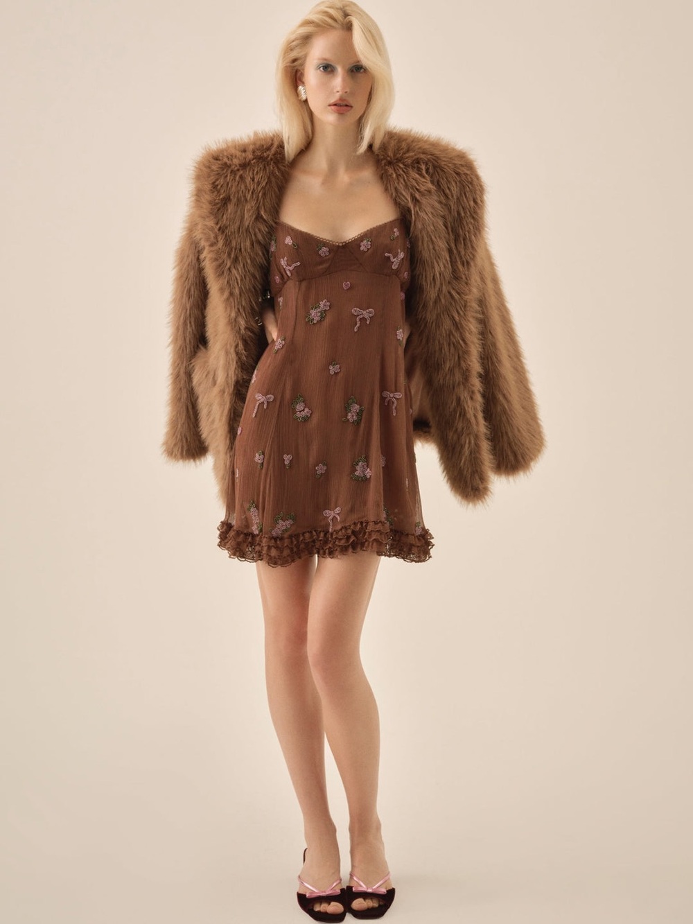 For Love & Lemons Beaded Garden Brown Mini Dress Size Small NWT - Picture 4 of 13